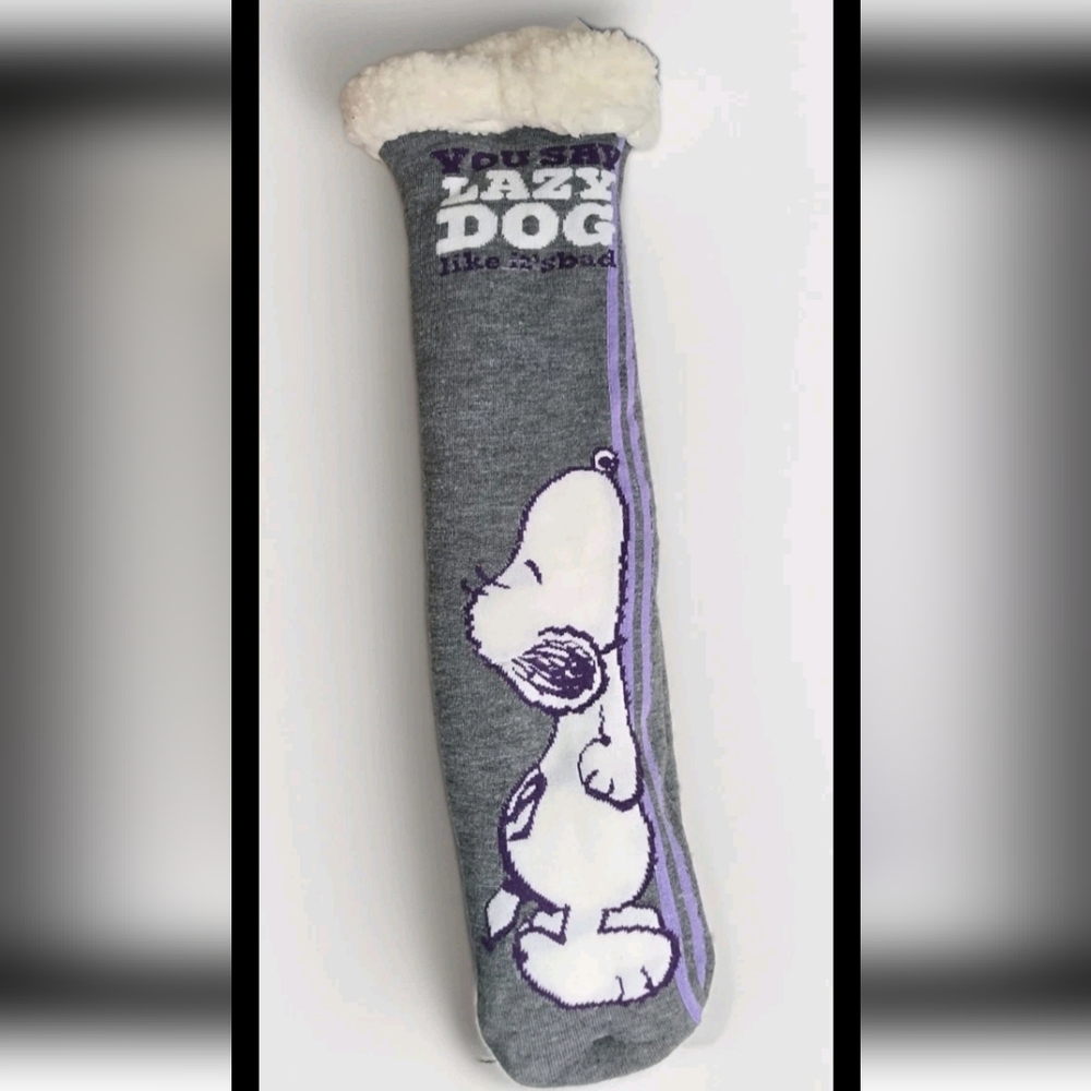 Peanuts Snoopy Sherpa Lined Slipper Socks One Size Gray Purple Non Skid Bottoms